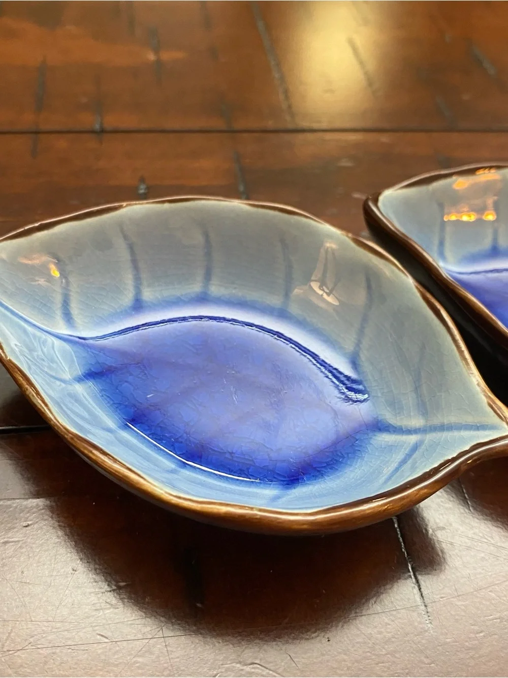 Pair Small Blue Ceramic Leaf Dishes - Sushi/Soy Sauce or Trinket Dish